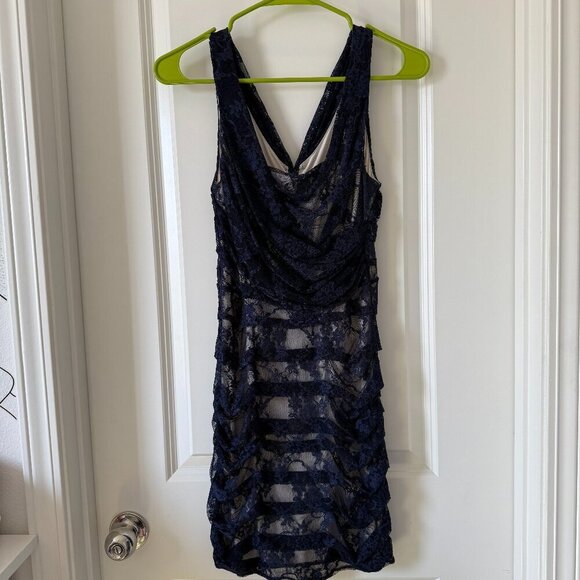 Navy Blue Lace Mini Bodycon Dress - Size S - Picture 2 of 6